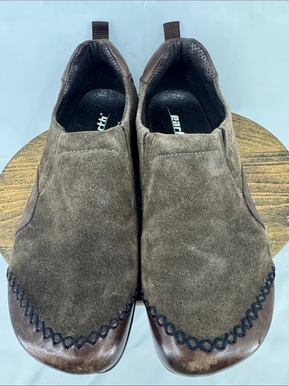 Earth Womens Radius Caribou Brown Suede w/ Leather Slip-On Moccasins, sz 8,5